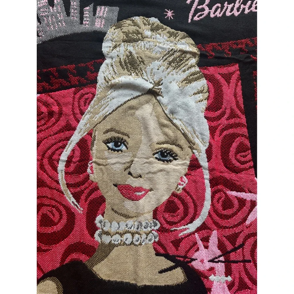 Vintage Barbie Woven Tapestry Throw Blanket Pink Black Cat The Northwest Company